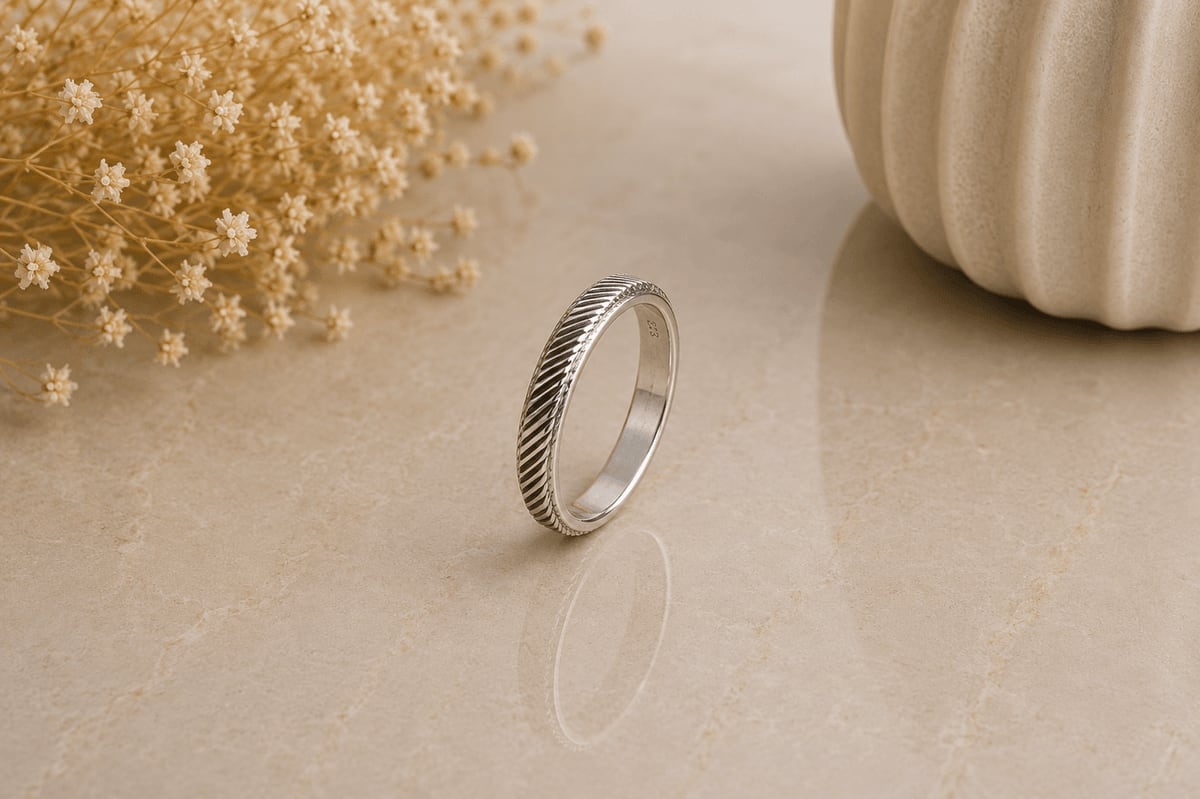 Oxidised Diagonal Stripe Band Ring